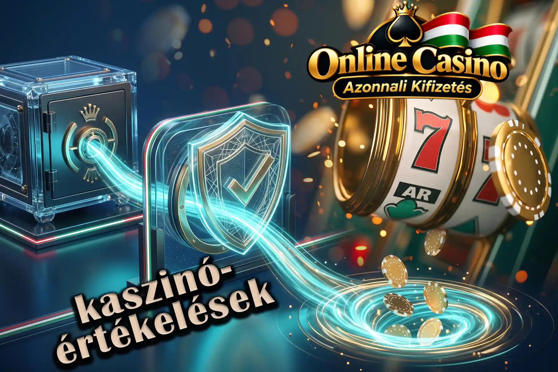 Részletes kaszinótesztek az Online casino azonnali kifizetés felületén, üvegszéffel, biztonsági pajzzsal és érmékbe torkolló fénycsatornával.