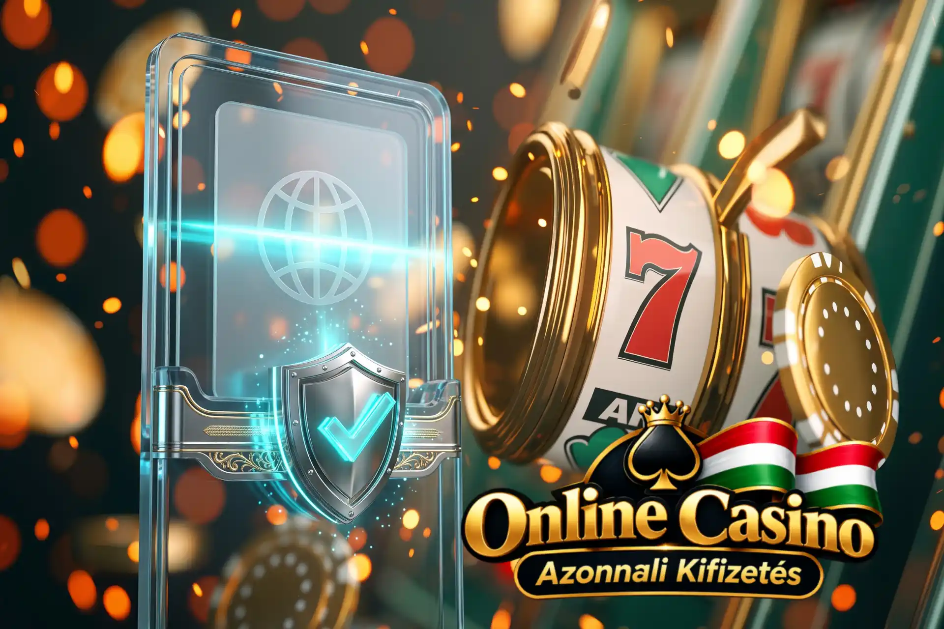 Gyors fizetési megoldások az Online casino azonnali kifizetés oldalán, digitális földgömbös azonosító panellel és biztonsági pajzzsal bemutatva.