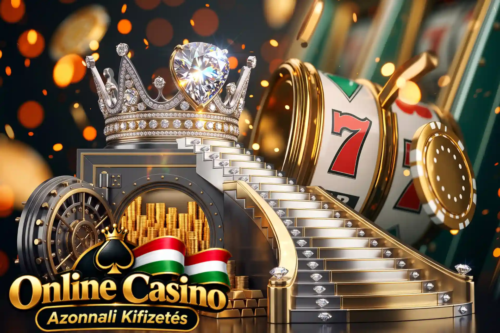 Tippek a kifizetések felgyorsítására az Online casino azonnali kifizetés segítségével, gyémántos koronával és arany kincstárhoz vezető lépcsővel.