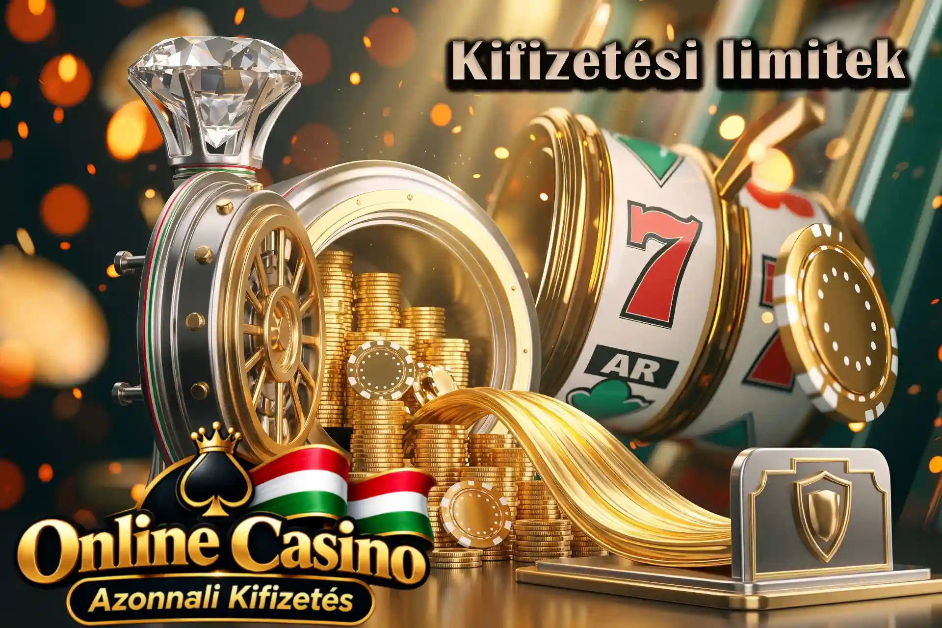 Kifizetési limitek és tranzakciós korlátok a kaszinókban, ábrázolva egy aranyérméket kiárasztó széffel, hatalmas gyémánttal és 777 nyerőgéppel.